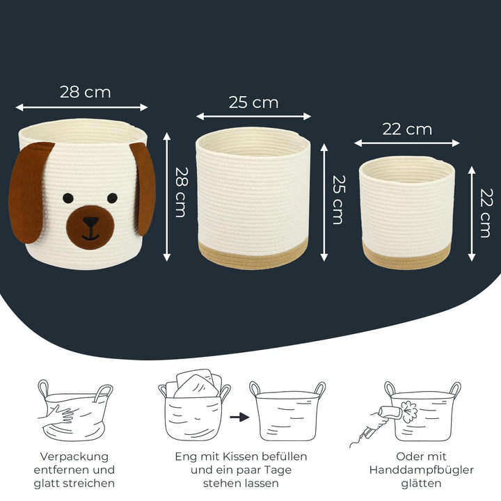 HMF Aufbewahrungskorb mit versteckten Griffen, 3er Set, Korb für Kinderzimmer aus Baumwolle | Hund |