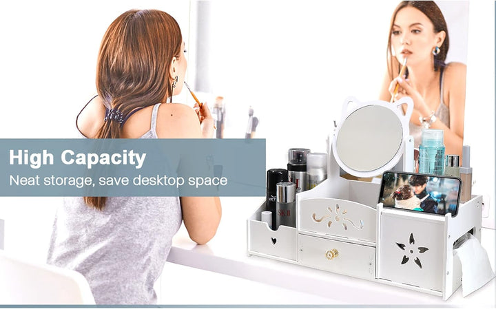 LEcylankEr Cosmetic Organizer, Schminktisch Organizer mit Spiegel, Multifunktionaler Desktop Kosmeti