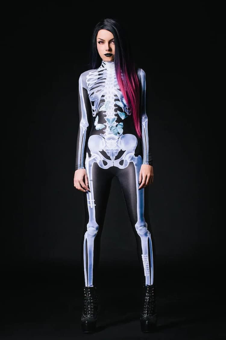 Shmily Girl Skelett Kostüm Damen Herren Halloween Kostüme Cosplay Overall Bodysuit Weiss S, Weiss S