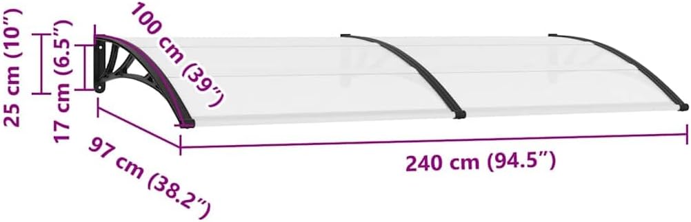 vidaXL Türvordach 240×100 cm PC Haustürvordach Türdach Pultvordach Türvordach 240 x 100 cm Schwarz u