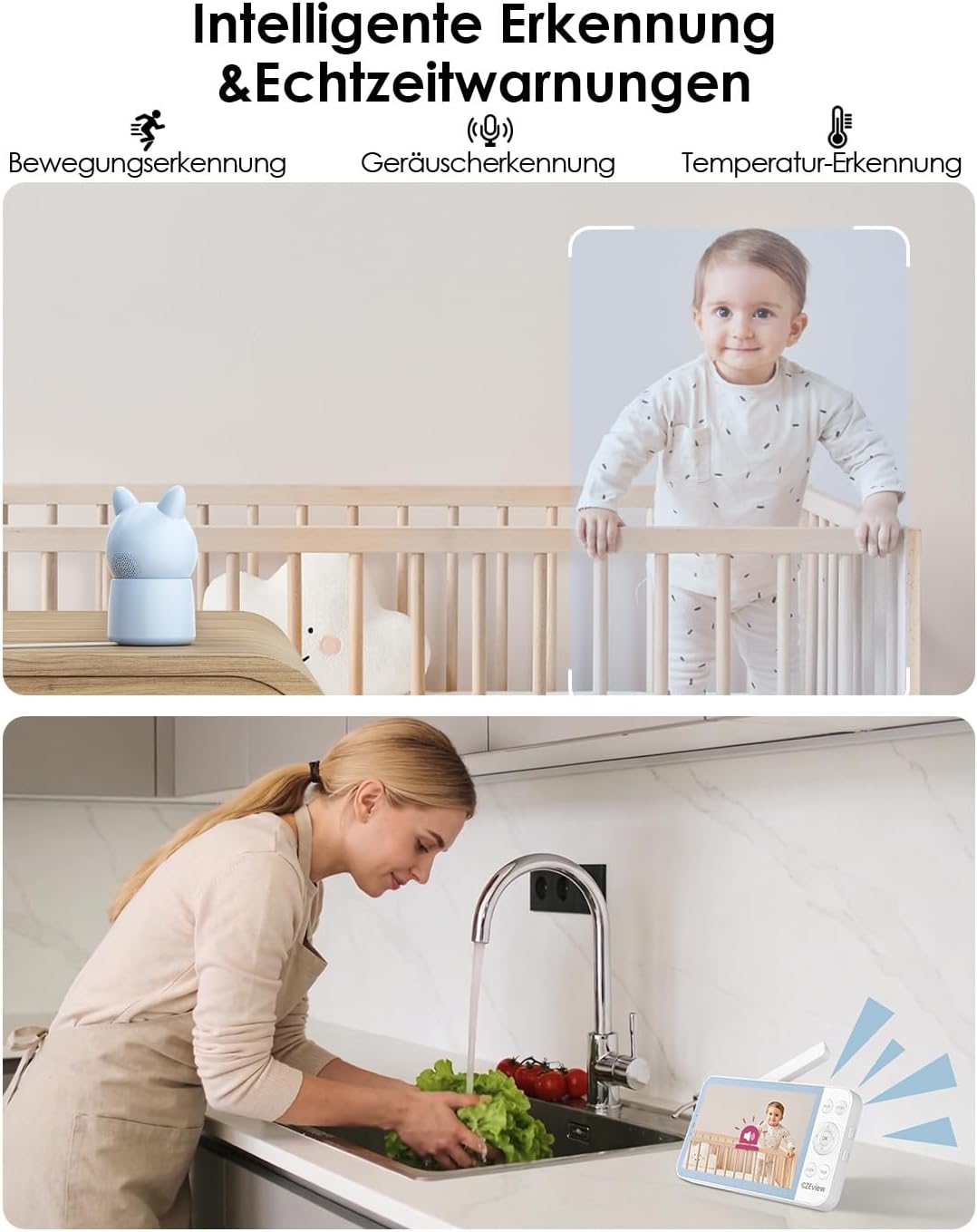CZEview BM6 Babyphone mit Kamera 2K & 4X Zoom, 5.5" HD WLAN Video Babyfon mit App, Nachtsicht, Beweg