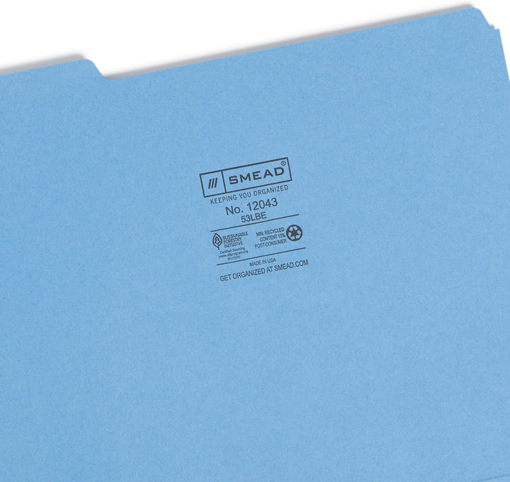 Smead Farbige Aktenordner, 1/3-Schnitt, Briefgrösse, Blau, 100 Stück pro Box (12043), blau