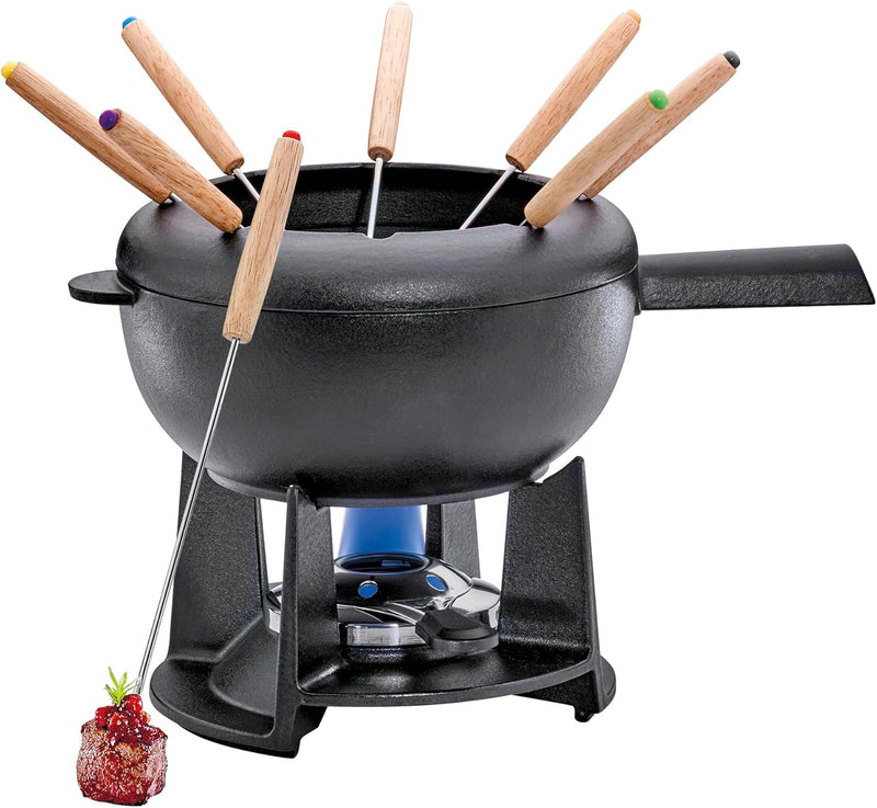 Spring Gusseisen Fondue Set schwarz | Ø 20 cm | mit 8 Fonduegabeln und Spritzschutz | für Käsefondue