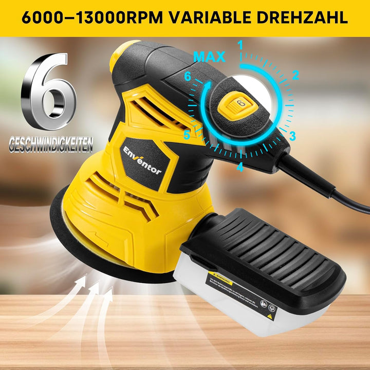 Enventor Exzenterschleifer 125mm, 300W Schleifmaschine 6000-13000 OPM, 6 Gänge, Multischleifer mit A