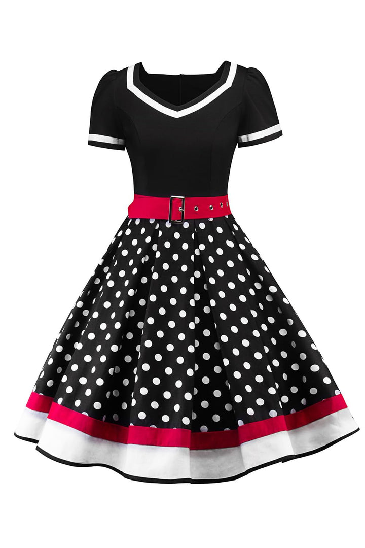 AXOE Damen Gepunktet Rockabilly Vintage Kleid mit Gürtel Partykleid S Schwarz, S Schwarz