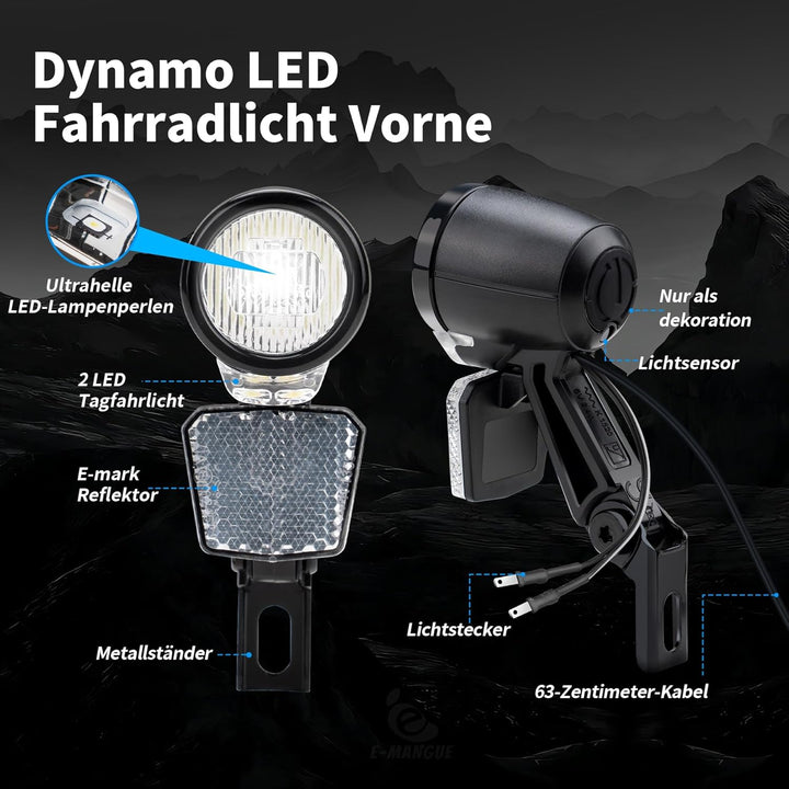 E-Bike LED Fahrradlicht Dynamo Vorne mit Tagfahrlicht, Standlichtfunktion, 40 LUX StVZO Zugelassen D