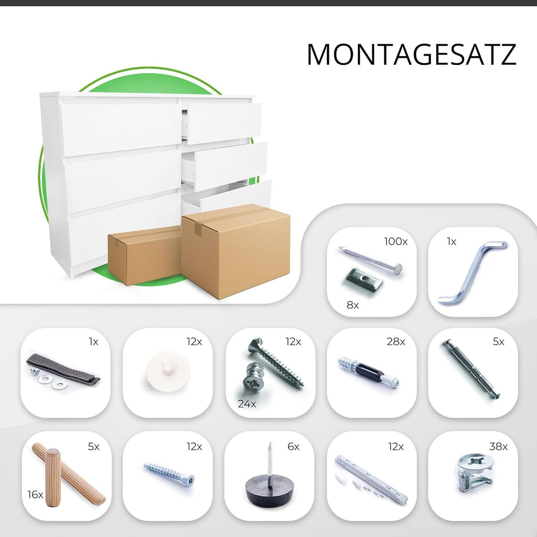 CDF Kommode Weiss mit 6 Schubladen 40 cm Tief Komodenschrank Komode für Wohnzimmer Schlafzimmer Schu