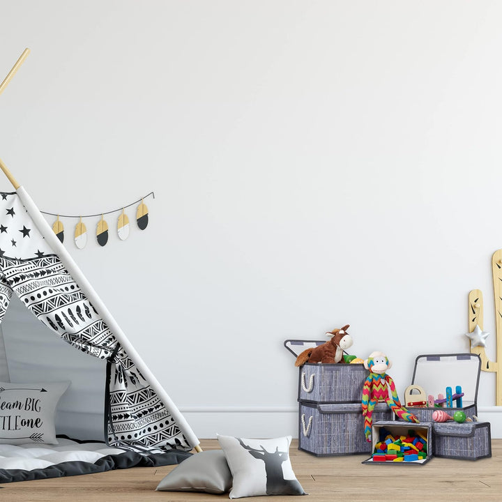 Relaxdays Aufbewahrungskorb 5er Set, mit Deckel, aus Bambus, für Badezimmer, Spielzeug, Deko, Aufbew