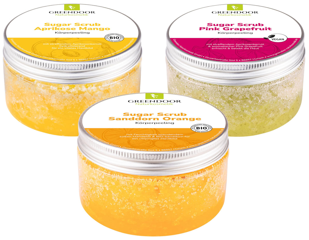 GREENDOOR Körperpeeling SPARSET Sugar Scrub FRUCHT 690g, 3 Zuckerpeeling, natürlich ohne Mikroplasti
