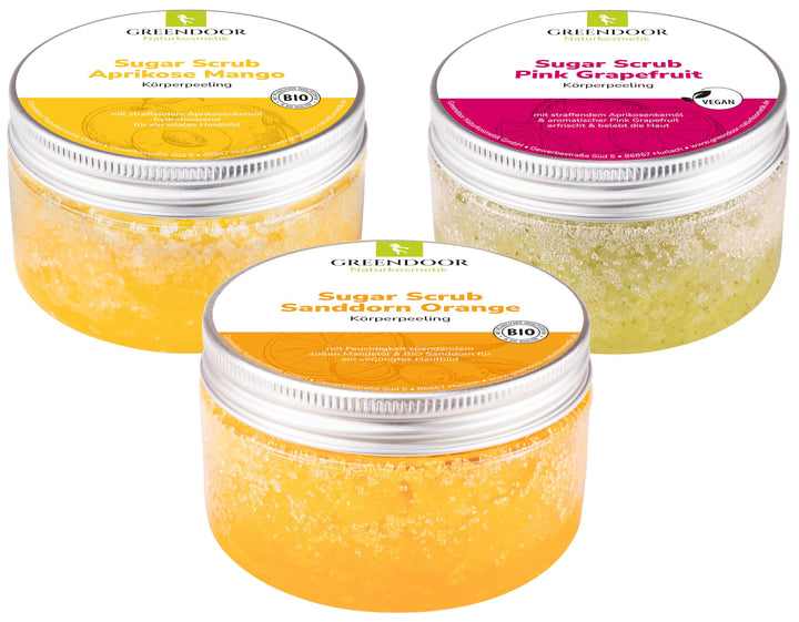 GREENDOOR Körperpeeling SPARSET Sugar Scrub FRUCHT 690g, 3 Zuckerpeeling, natürlich ohne Mikroplasti