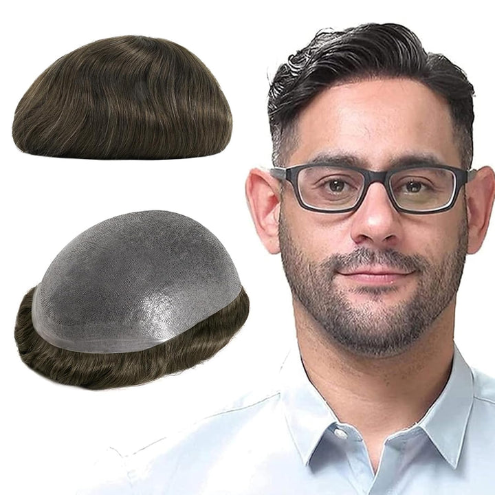 Lordhair Perücke für Herren, Toupet Herren aus natürlichem Echthaar, 0,08 mm vorn, 1/2 Zoll, V-loope