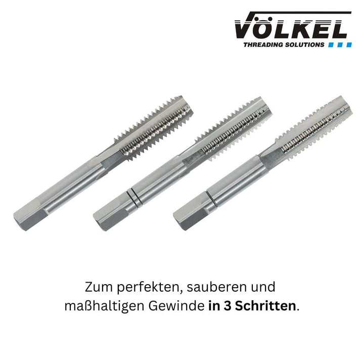 VÖLKEL Handgewindebohrer 3-tlg. Satz DIN 352 HSS-G - M10 x 1.5 | Vorschneider, Mittelschneider & Fer