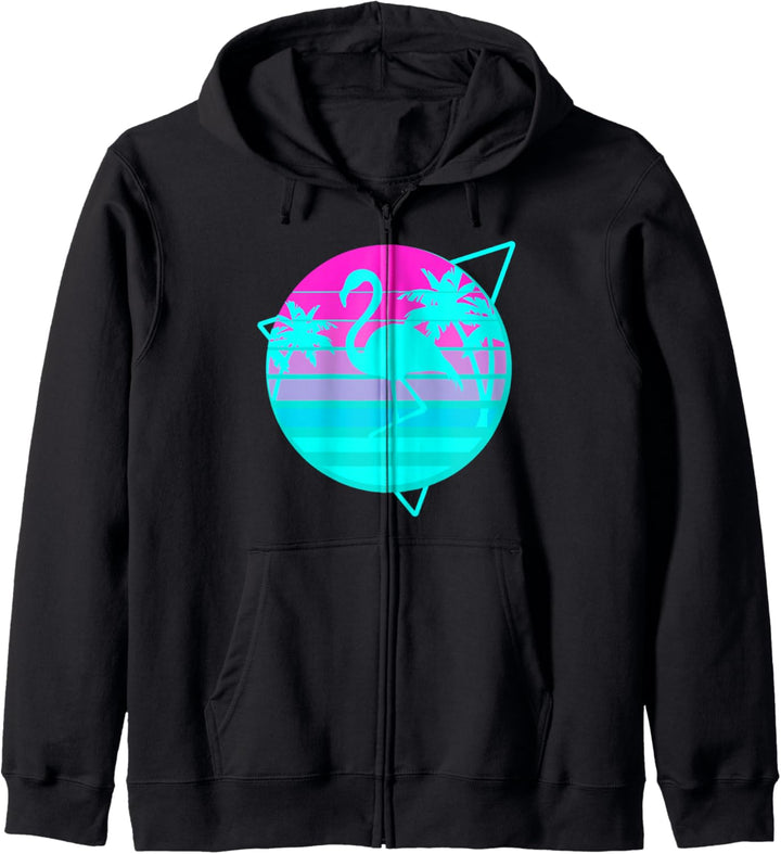 Vaporwave Flamingo in einem Vintage 80er Jahre Strand mit Kapuzenjacke