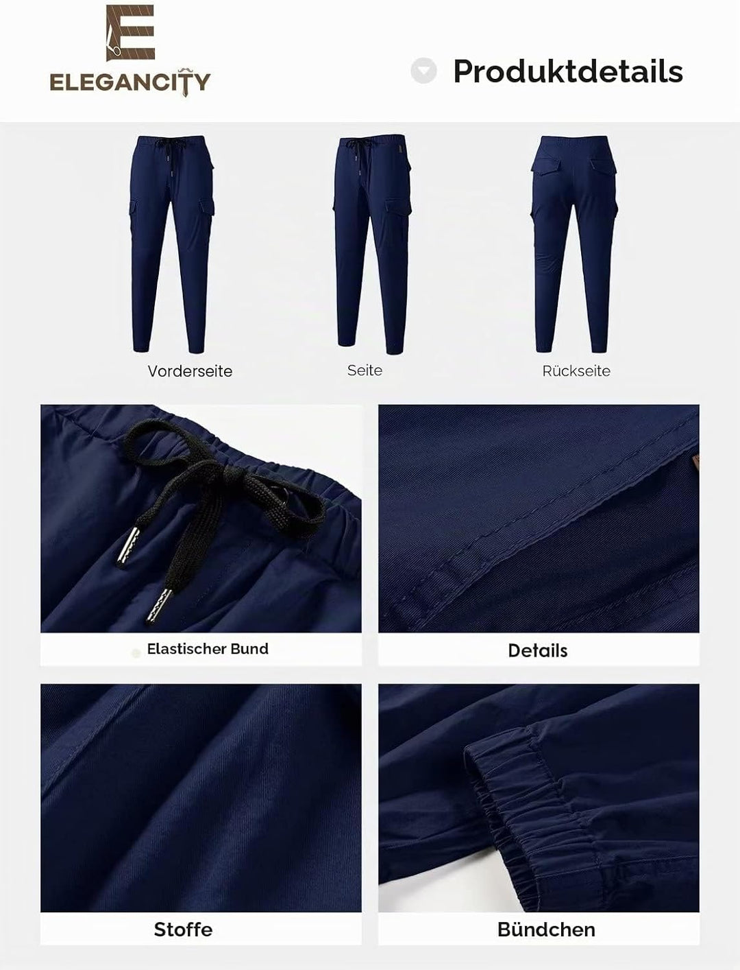 Cargohose Herren Chino Hose mit 6 Taschen Cargo Hose Stretch Jogginghose für Männer mit Bundgummi El
