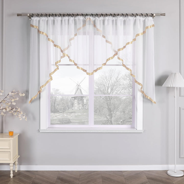 HongYa Kuvertstore transparenter Voile Gardine mit Satinbänder Kräuselband Vorhang H/B 120/450 cm Sa