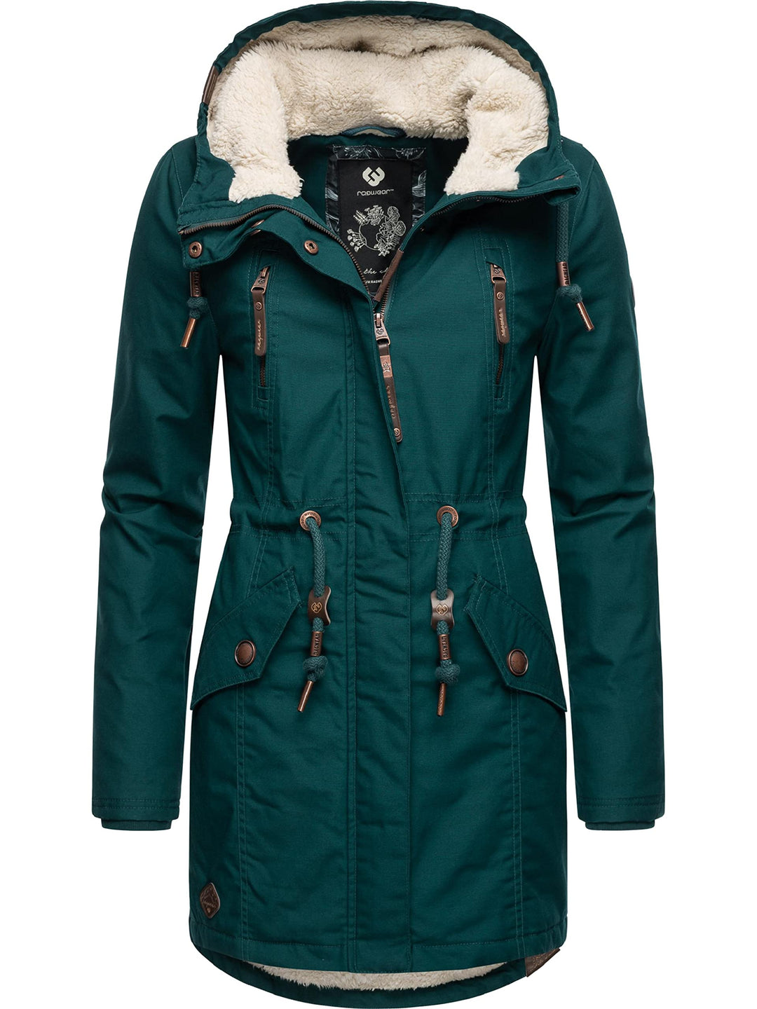 Ragwear Damen Mantel Lange warme Winterjacke mit Teddyfell-Kapuze Elsie Intl XS-5XL S Dark Green22,