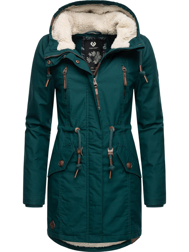 Ragwear Damen Mantel Lange warme Winterjacke mit Teddyfell-Kapuze Elsie Intl XS-5XL S Dark Green22,