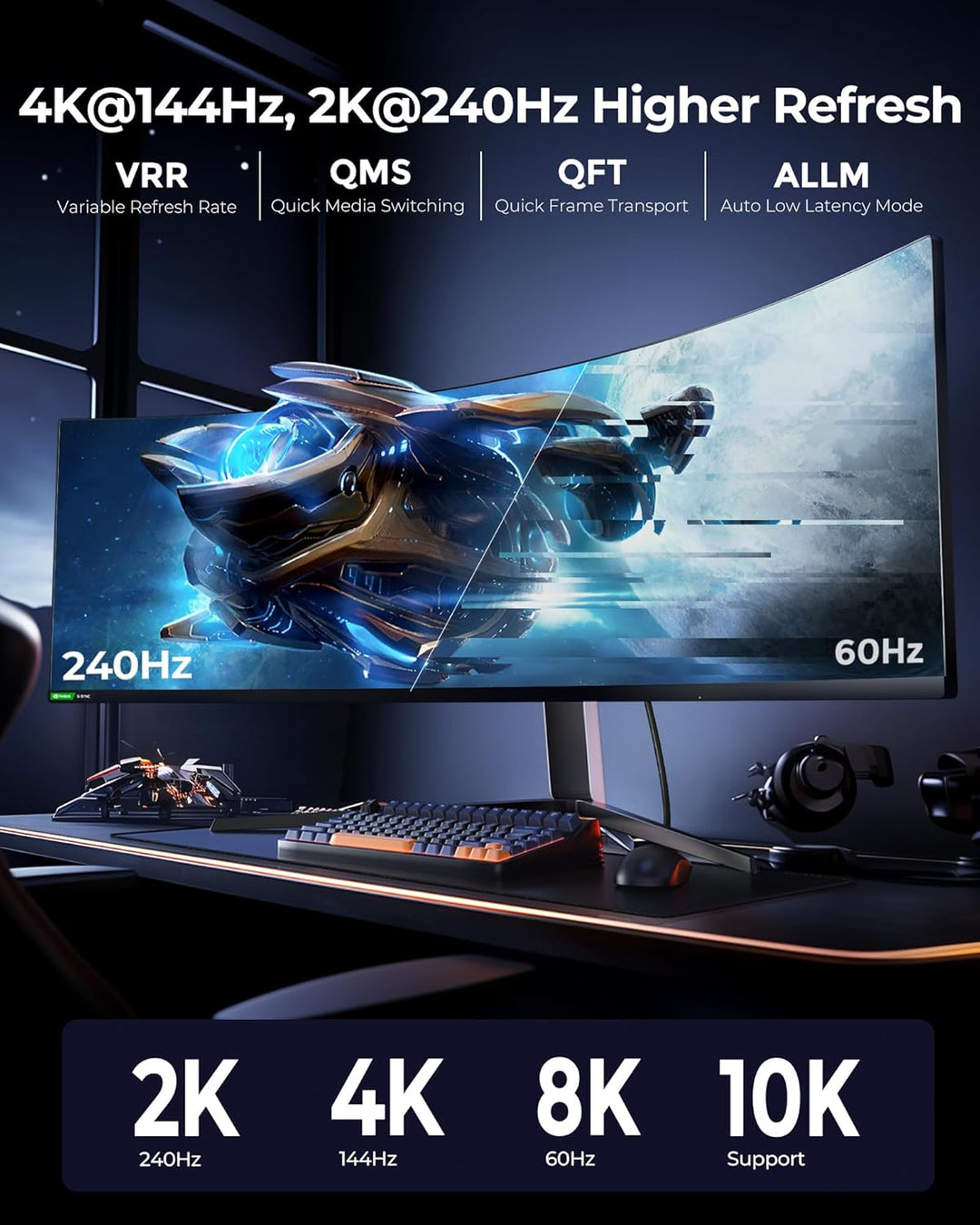Silkland 8K HDMI 2.1 Kabel 10m, HDMI Kabel 4K@144Hz/120Hz 8K@60Hz,eARC, HDR10, Dolby Atmos, 48Gbps,