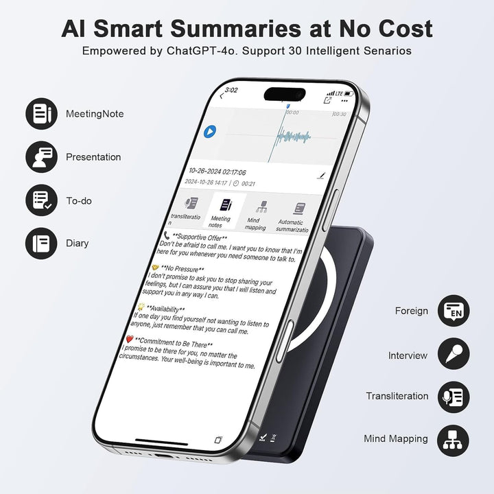 KI Digitales Diktiergerät - 64GB AI Voice Recorder, AI Zusammenfassung durch ChatGPT, Echtzeit Übers