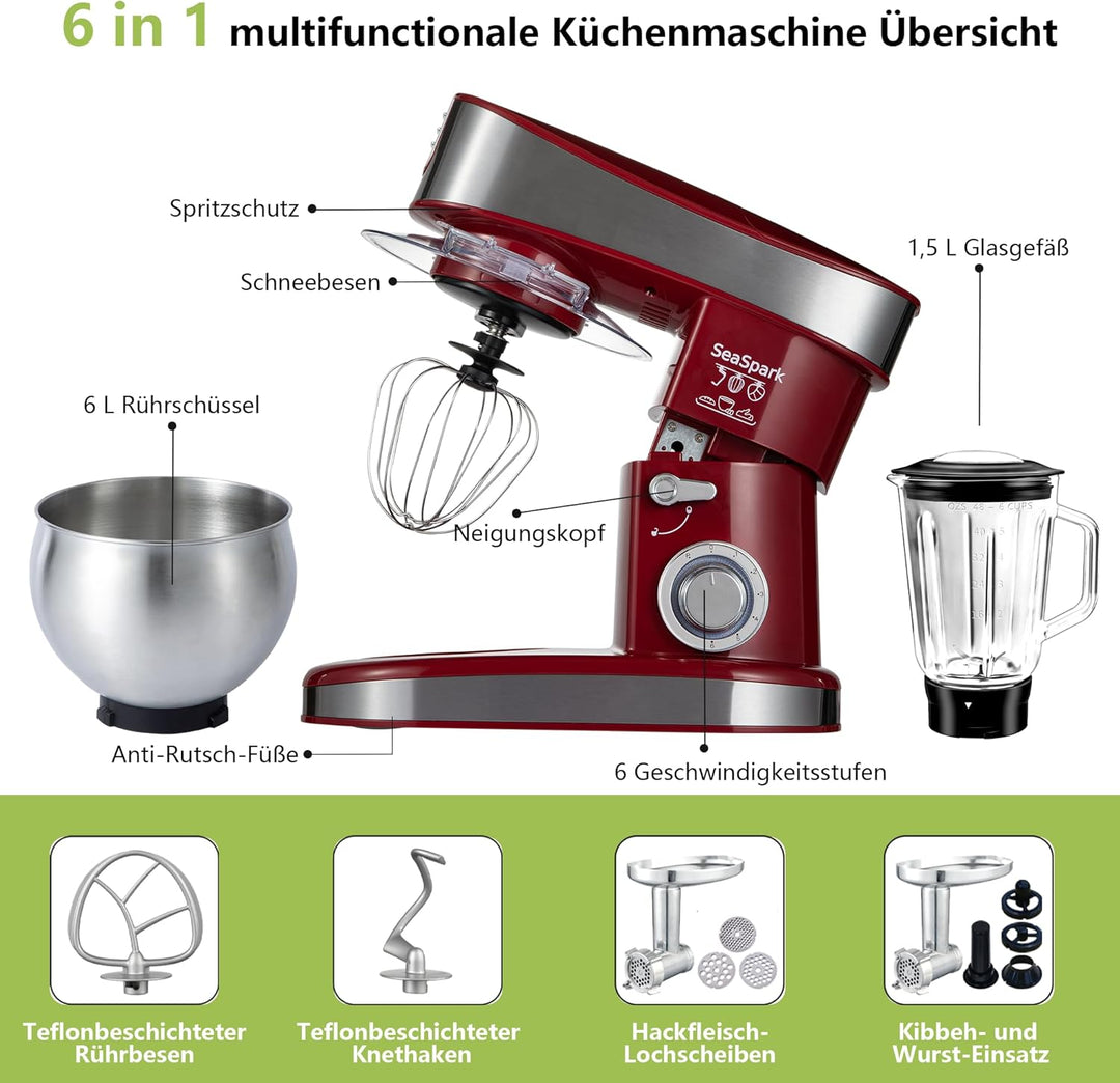 Küchenmaschine, 6 L Knetmaschine 1200W, 6 Geschwindigkeits Küchenmaschine, Teigmaschine mit Rührhake