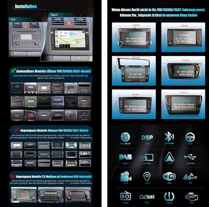 Erisin 8-Kern Android 12.0 Autoradio mit Navi GPS Für VW Passat Polo Jetta Sharan Golf 4 T5 Seat Ibi