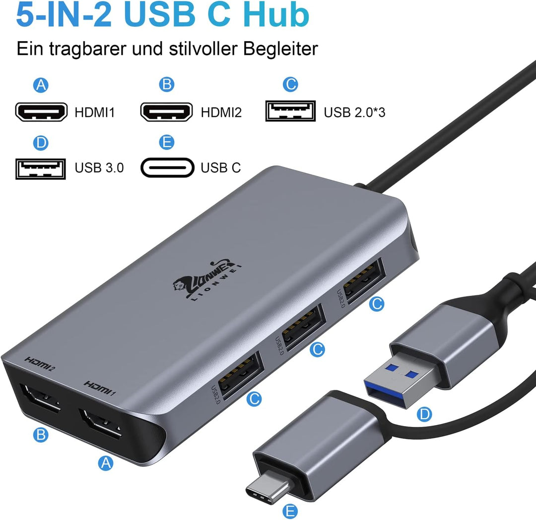 LIONWEI USB 3.0 Docking Station 2 HDMI USB C Hub Dual Monitor USB A auf Dual HDMI Adapter mit 3 USB