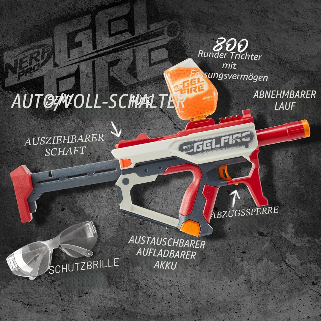 Nerf Pro Gelfire Mythic Blaster, 1.600 Gelfire Runden, Trichter, Akku, Brille
