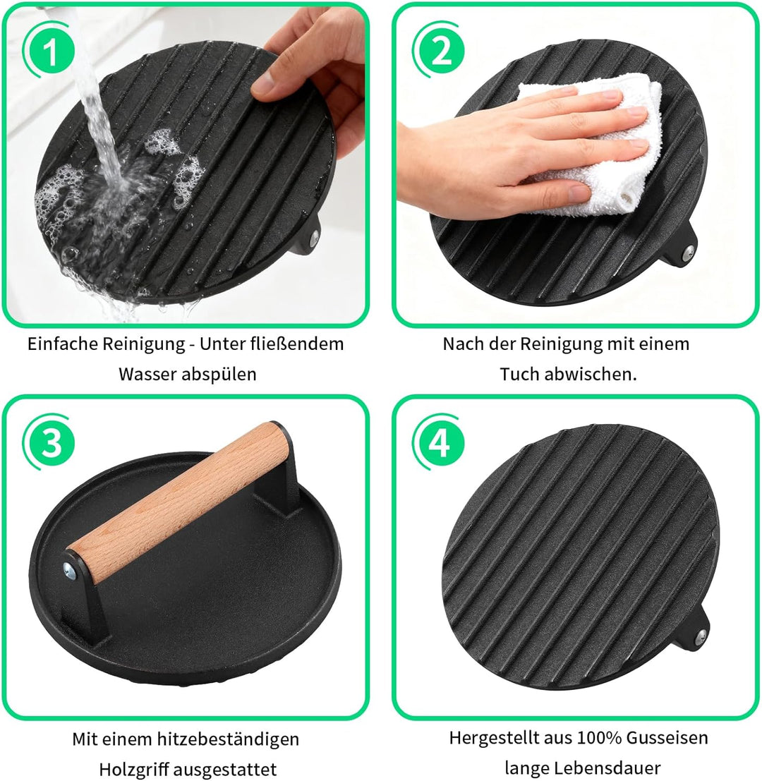FUNSUEI 2er Set Burgerpresse Gusseisen 17,5 cm, 1KG Burger Smasher mit Holzgriff, Schwarz Rund Grill