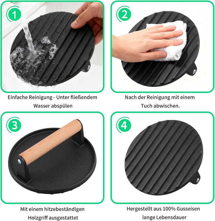 FUNSUEI 2er Set Burgerpresse Gusseisen 17,5 cm, 1KG Burger Smasher mit Holzgriff, Schwarz Rund Grill