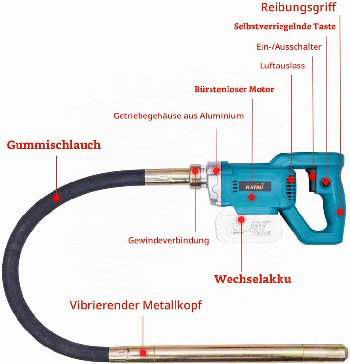 KATSU FIT-BAT 21V Brushless Akku Betonrüttler Betonverdichter Betonwerkzeuge mit 1,2 m Schlauch und