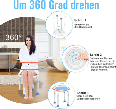 UISEBRT Duschhocker 360°Drehbar Duschstuhl Höhenverstellbar Badehocker mit Anti-Rutsch-Füsse Duschhi