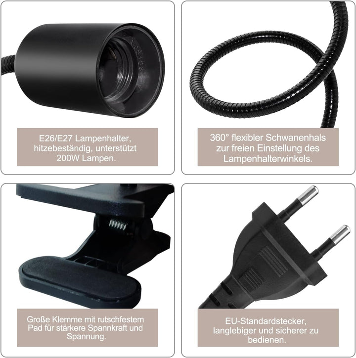 WPQIUZS E27 Klemmlampe mit Stecker 240CM Kabel Klemmleuchte Lampenfassung mit Schwanenhals und Schal