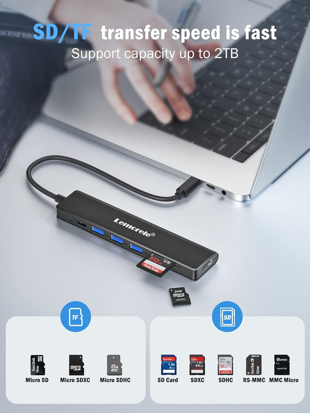 Lemorele USB-C-Hub, 7-in-1-Adapter mit HDMI 4K @ 30Hz, 100 W PD-Aufladung, 1 USB 3.0 5 Gbit/s Datena