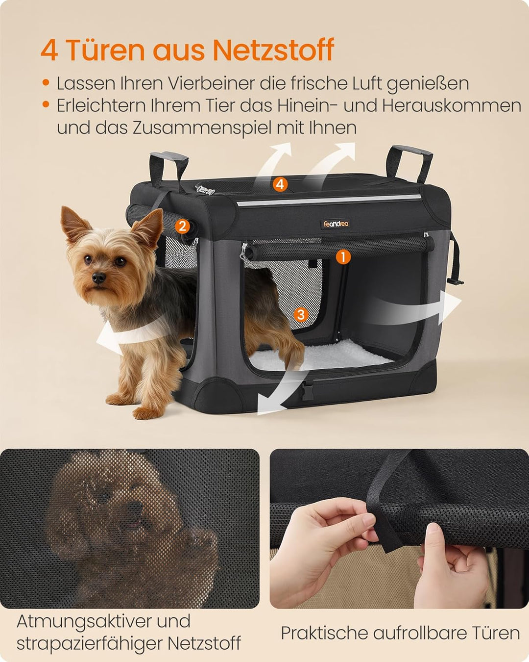 Feandrea Hundebox faltbar, 50 cm Transportbox für kleine Hunde, Hundetasche, Oxford-Gewebe, mit 4 Tü