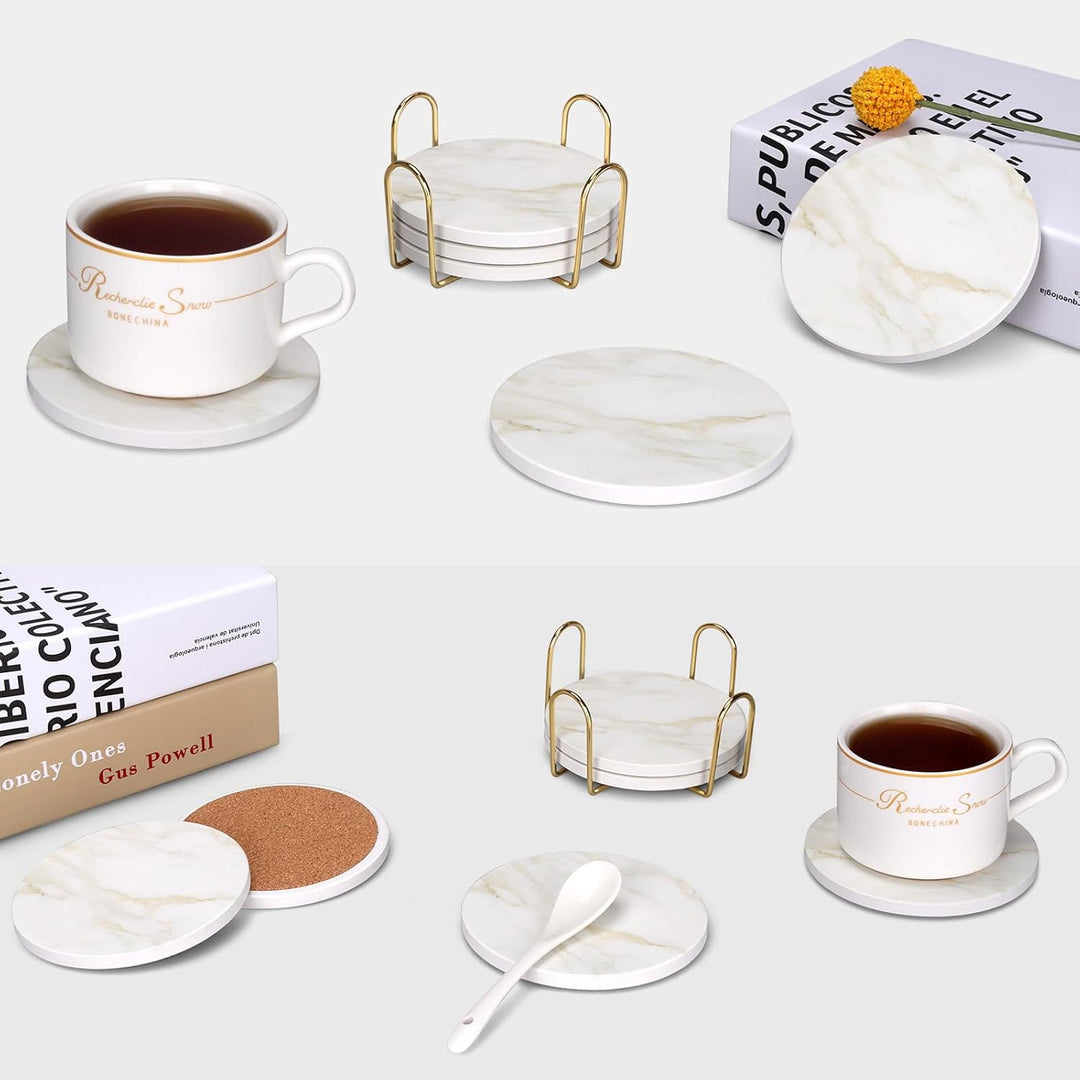 Keramik-Untersetzer im Marmor-Stil, 6 Stück, mit Halter, moderne Couchtisch-Dekoration, Getränke-Unt