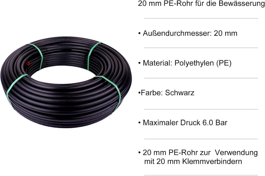 Rohr PN6 Verlegerohr Wasserleitung Versorgungsleitung Bewässerung 16mm 20mm 25mm 32mm (20 mm x 50 m)