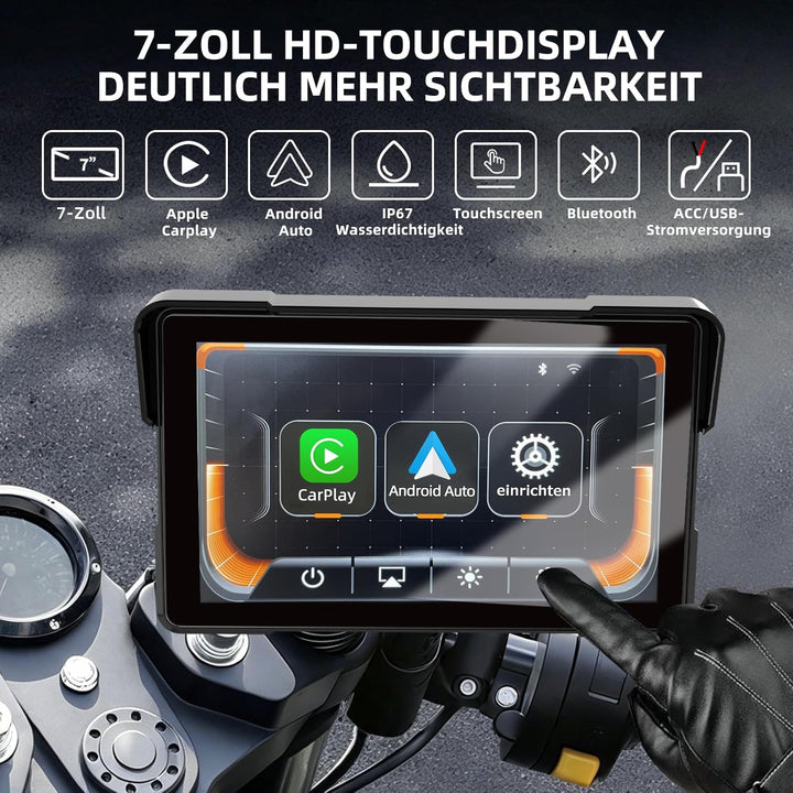 7 Zoll Motorrad Display mit Wireless CarPlay & Android Auto, 1000 Nits Helles Motorrad Navi Touchscr
