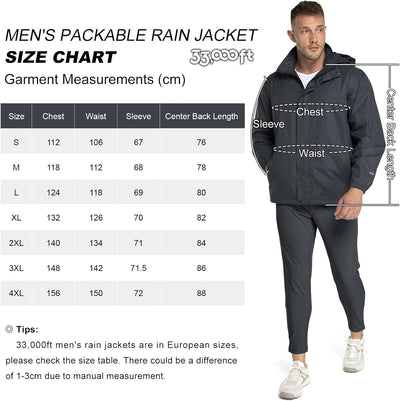 33,000ft Regenjacke Herren Leicht Wasserdicht Faltbare Regenmantel mit Kapuze Fahrrad Rain Windbreak