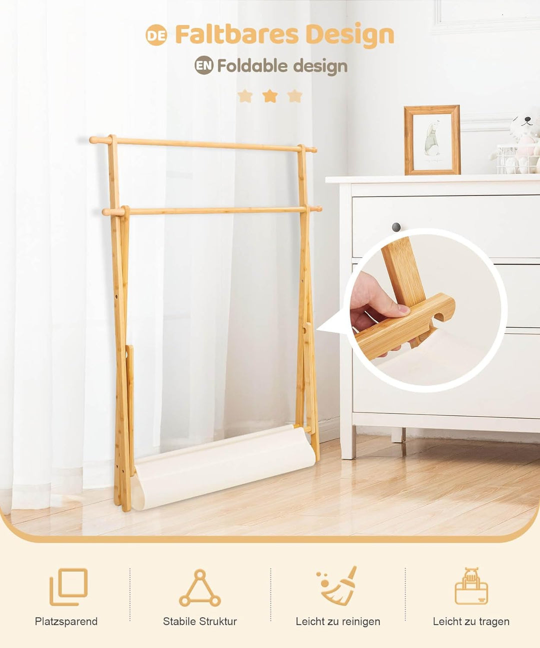 Yorbay Kinder Kleiderständer Bambus Garderobenstände Verstellbarer Doppelstange Kindergarderobe mit