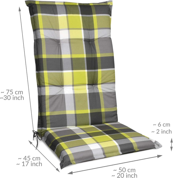 Beautissu 6er Set Hochlehner Auflagen Set Gartenstühle 120x50 cm Polster Grün Kariert – 6cm Dicke Po