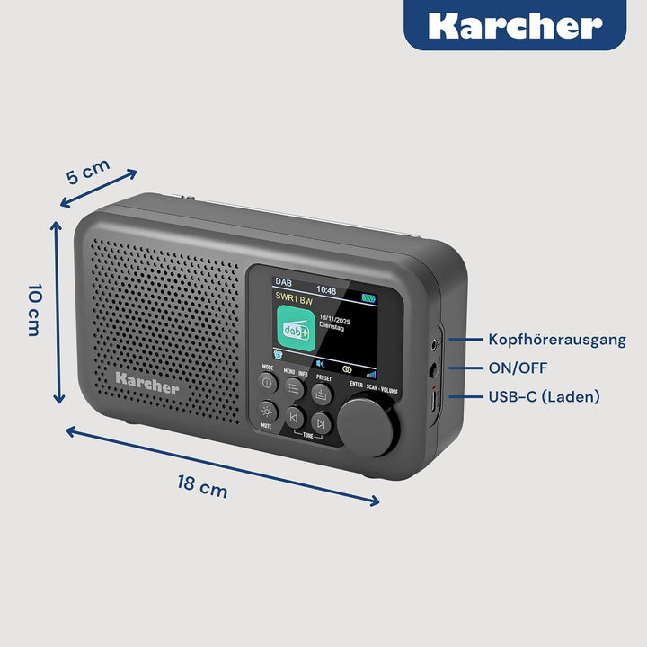 Karcher DAB+ Radio tragbar mit Akku (2200 mAh), Digitalradio DAB+ / UKW, Bluetooth Lautsprecher, 2,4