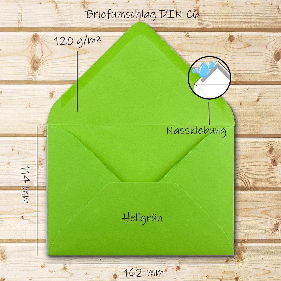 200 Brief-Umschläge - Hell-Grün - DIN C6-114 x 162 mm - Kuverts mit Nassklebung ohne Fenster für Gru