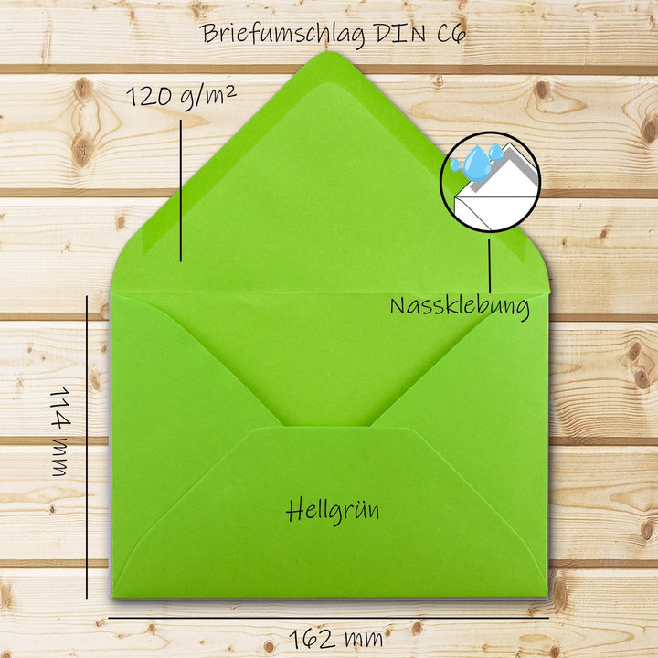 200 Brief-Umschläge - Hell-Grün - DIN C6-114 x 162 mm - Kuverts mit Nassklebung ohne Fenster für Gru