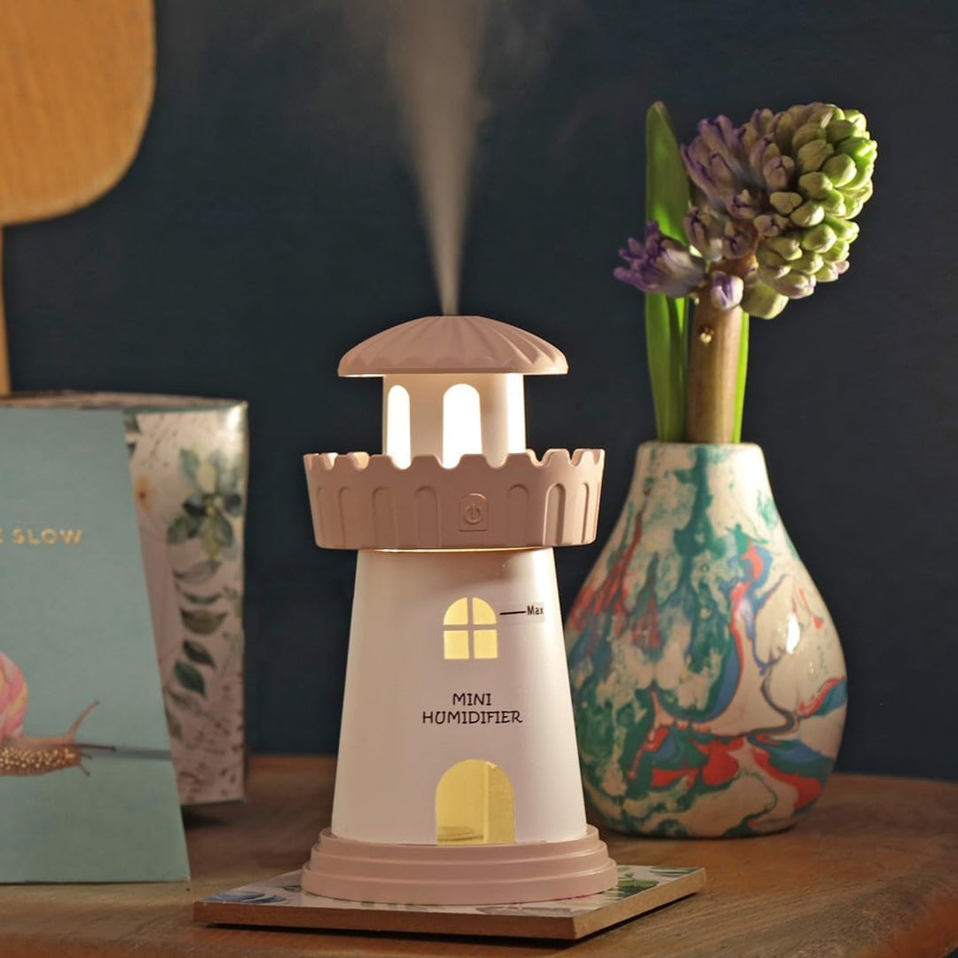 Hellum Luftbefeuchter dekorativ, tragbarer Mini Luftbefeuchter Leuchtturm in rosa, Leuchtturm Diffus