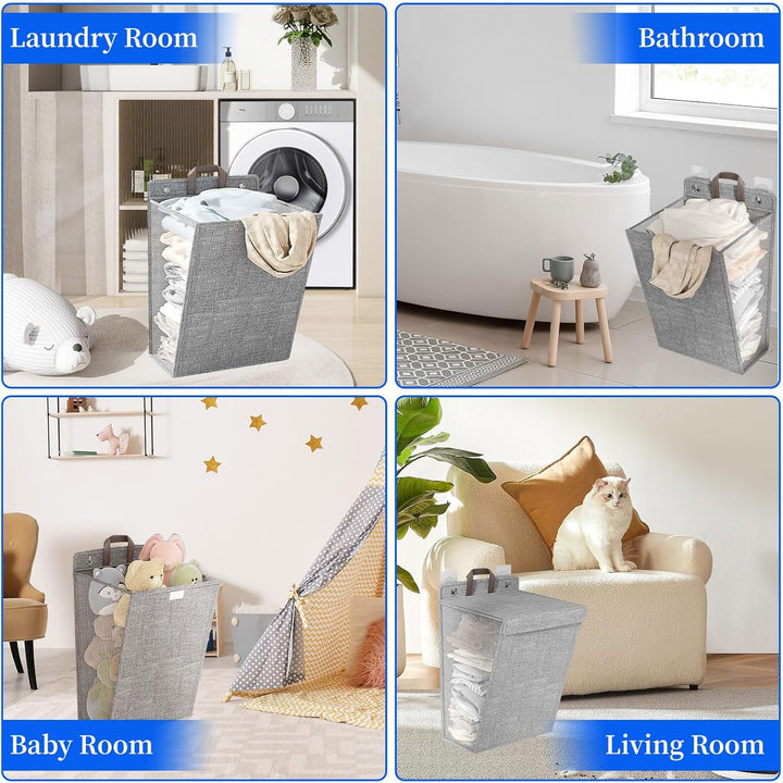 2 Stück Faltbarer Wäschekorb mit Deckel & Griffen, 60L Wäschesammler Laundry Aufhängbar mit 4 Nicht