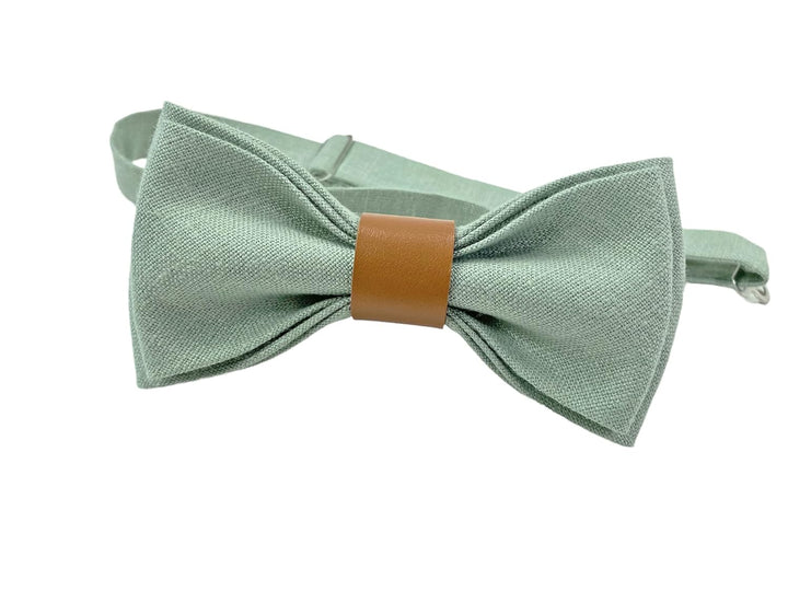 LINILI Leinen Accessoires SET: Fliege und Einstecktuch für Herren- Fliege mit Leder, bereits gebunde