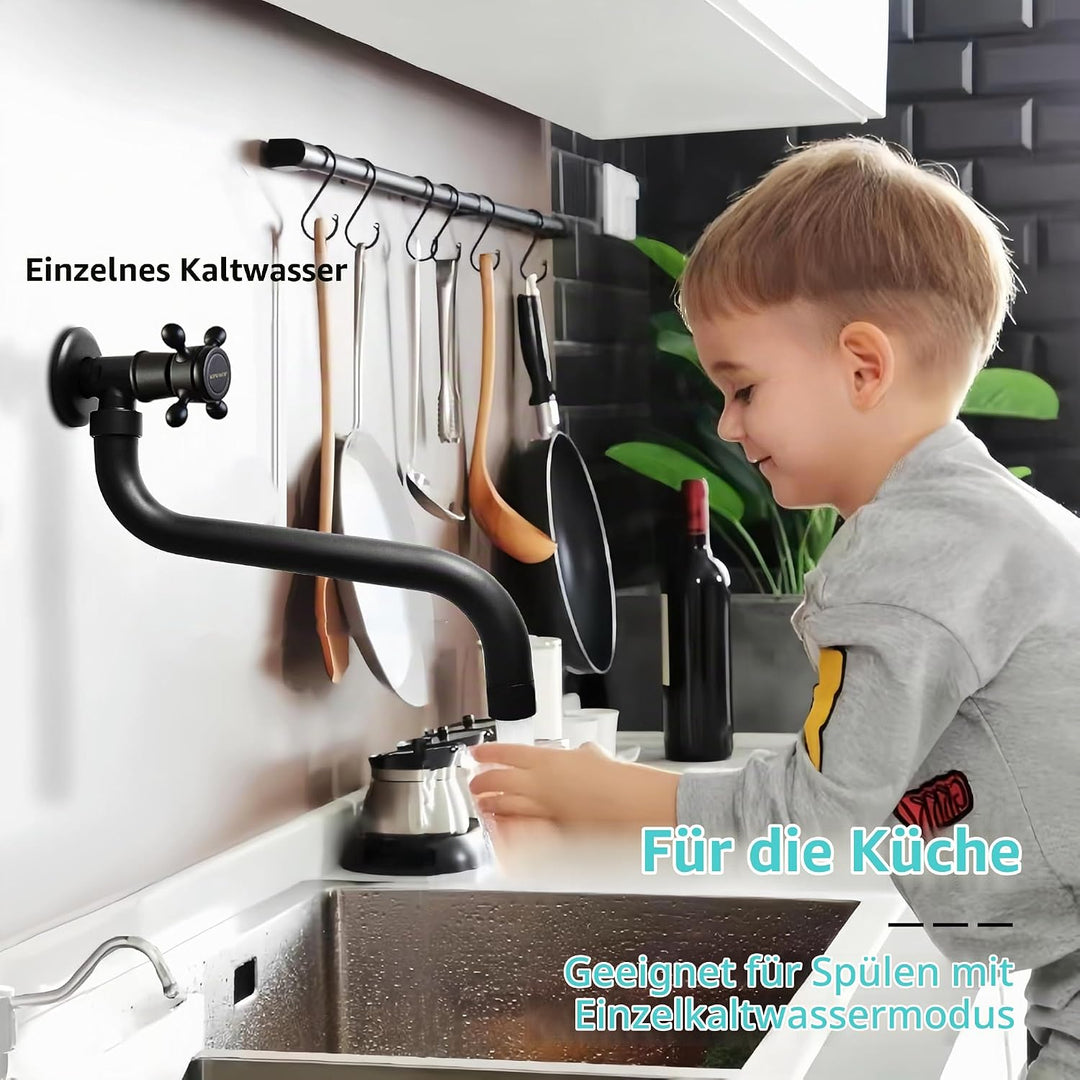 KOPYFANTAP Wasserhahn Wandmontage Kaltwasser, Messing Wand 360°Drehbar Waschtischarmatur, Single Kal