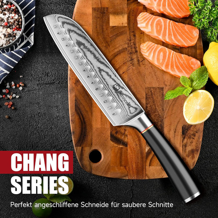 Sunnecko Santoku Messer Damastmesser 17cm, Hochwertiges Küchenmesser aus VG-10 Stahl, Fleischmesser