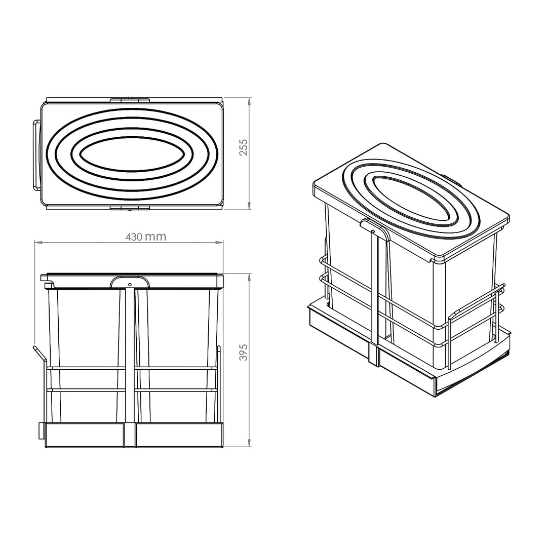 ROOMART Einbau-Mülleimer Küche ausziehbar 2x12L Mülltrennsystem Unterschrank Hellgrau Schwarz (Hellg