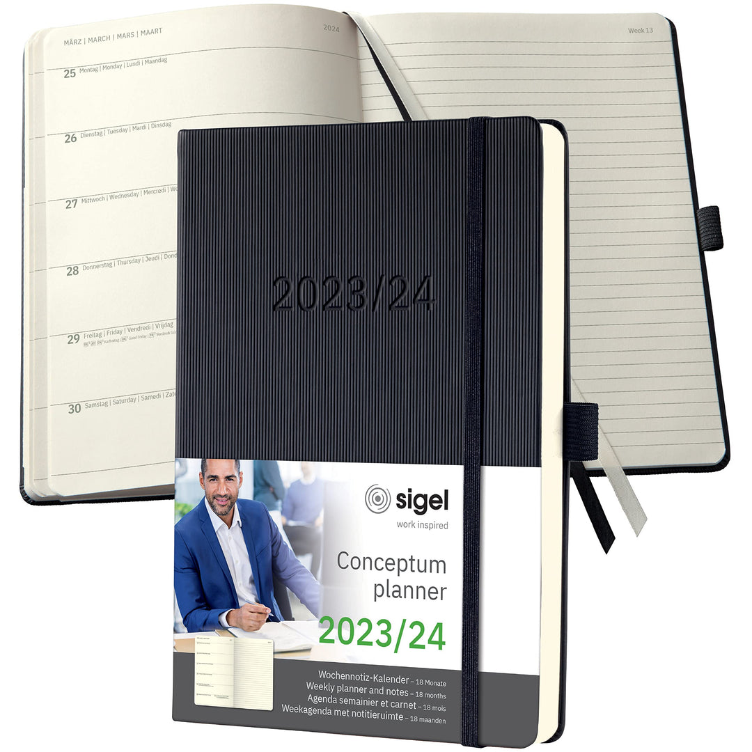 SIGEL C2403 Terminplaner Wochennotiz-Kalender 2023/2024, ca. A5, schwarz, Hardcover, 256 Seiten, Gum